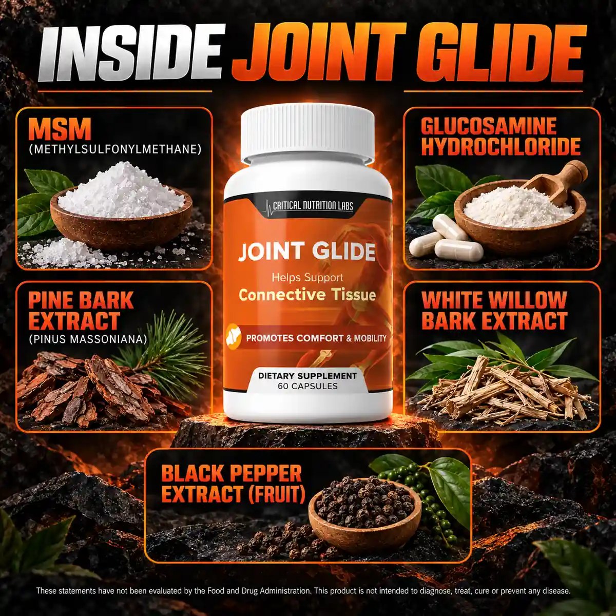 Joint Glide how it works panel showing follow label directions, product formula and daily routine around the bottle
