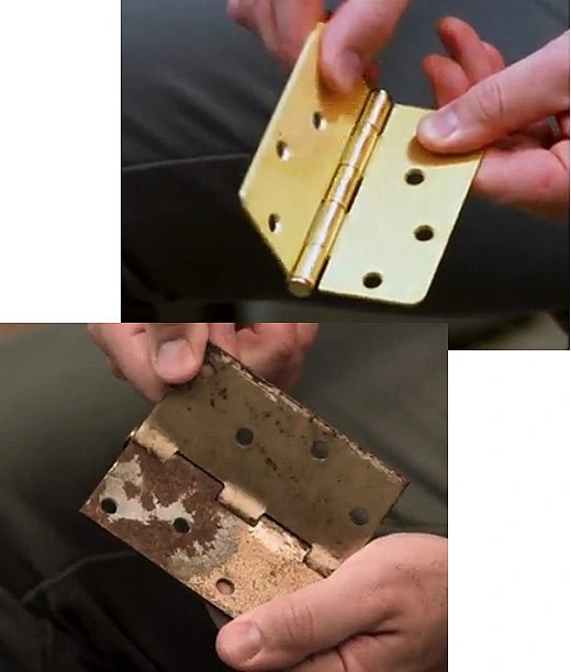 A hinge, new and corroded