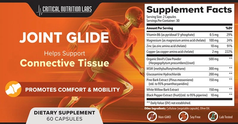 The Joint Glide wrap label: the front panel on the left and a complete Supplement Facts panel on the right listing vitamin B6, magnesium, zinc, copper, devil's claw, MSM, glucosamine hydrochloride, pine bark extract, white willow bark extract and black pepper extract, each with an amount